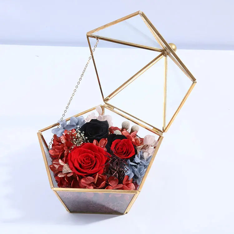 Hot sale 100% Real Glass Geometric Terrarium Eternal Rose Preserved Flower For Valentine's Day