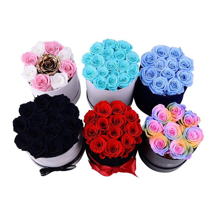 Low MOQ custom logo round preserved rainbow flower paper box luxury long lasting roses