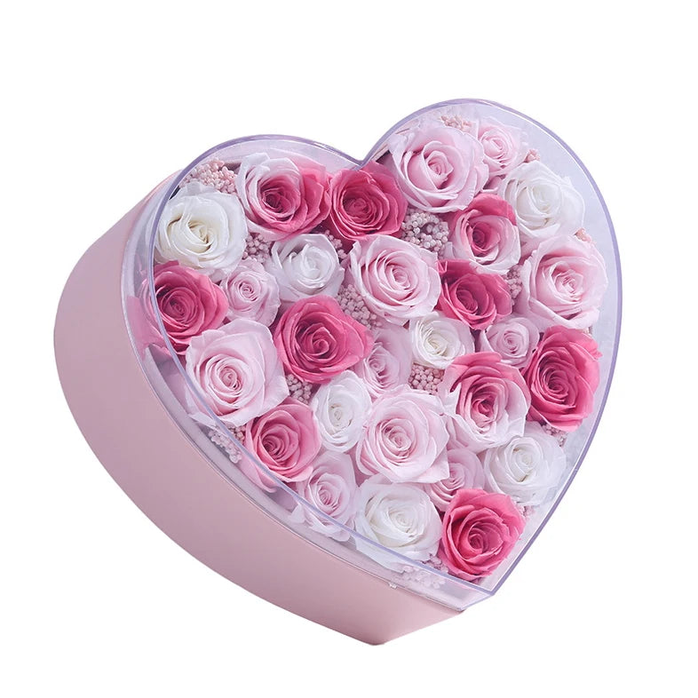 Popular Luxury Heart Shape Preserved Rose Flower Girlfriend Gift Valentine Rose Box